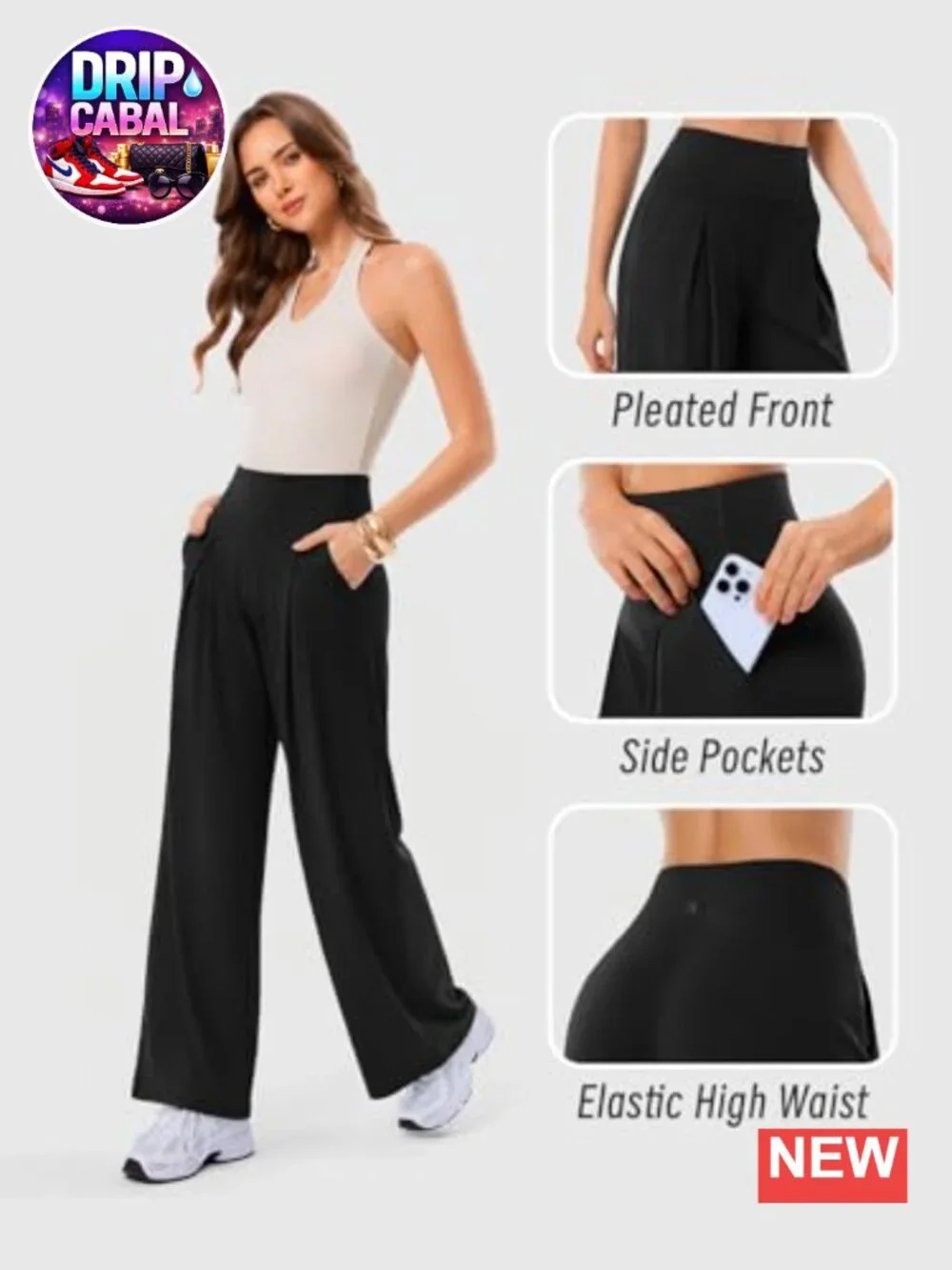 High Waist Wide Leg Yoga Pants with Pockets, Pleated Front